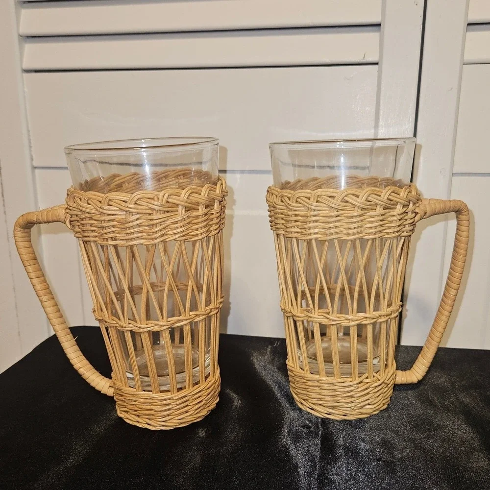Vintage Wicker Rattan Wrapped Glass Tumblers with Handles Set of 2 Coastal Boho